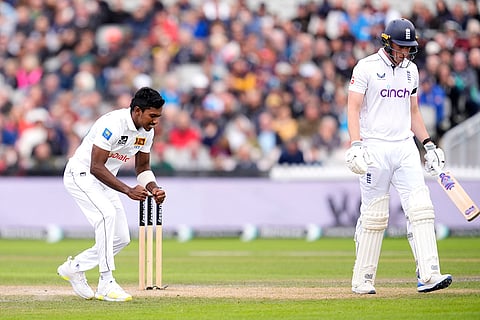 England vs Sri Lanka 1st Test Day 2: Sri Lanka's Vishwa Fernando left, celebrates the wicket of England's Dan Lawrence